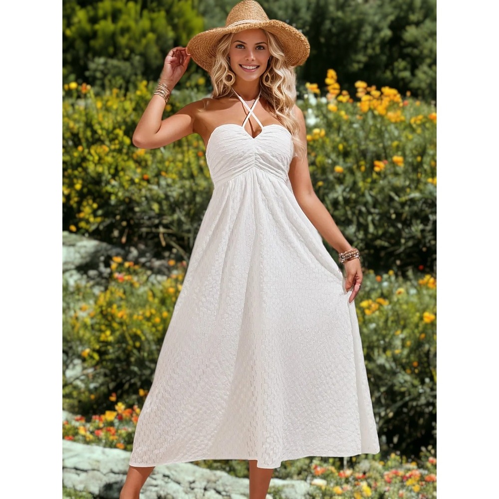 Commense White Halter Sundress Smocked Midi Dress Sleeveless Summer Dress XL
